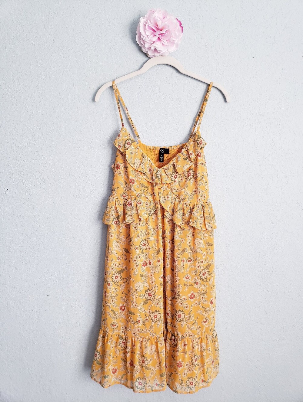 Jessica Simpson Mustard Yellow Floral Smocked Tiered Ruffle Cami Mini Dress